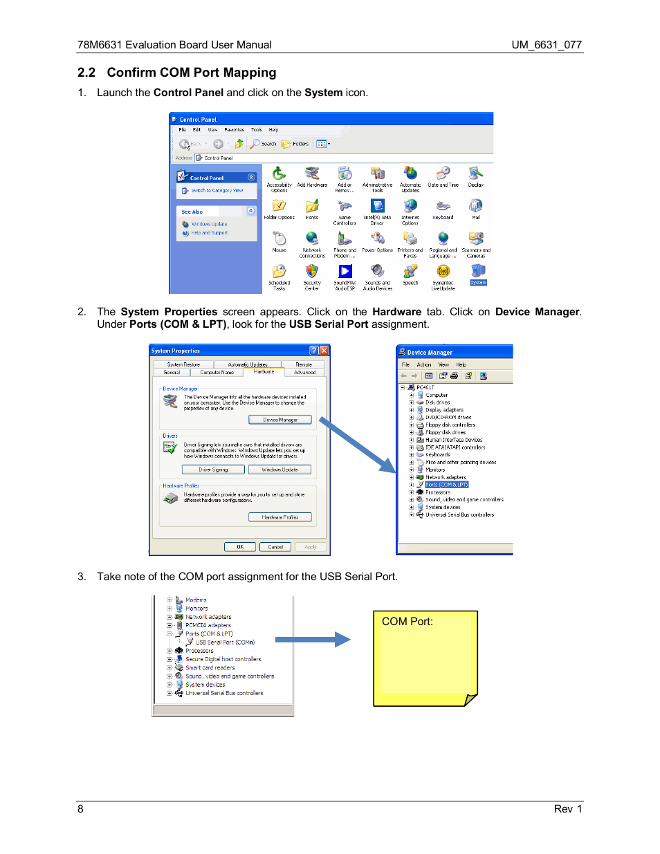 2 confirm com port mapping, Confirm com port mapping | Maxim Integrated 78M6631 Evaluation Board User Manual | Page 8 / 26