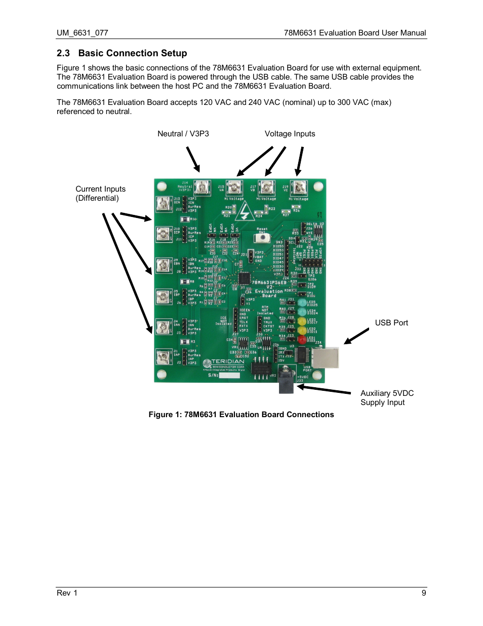 3 basic connection setup, Basic connection setup, Figure 1: 78m6631 evaluation board connections | Maxim Integrated 78M6631 Evaluation Board User Manual | Page 9 / 26