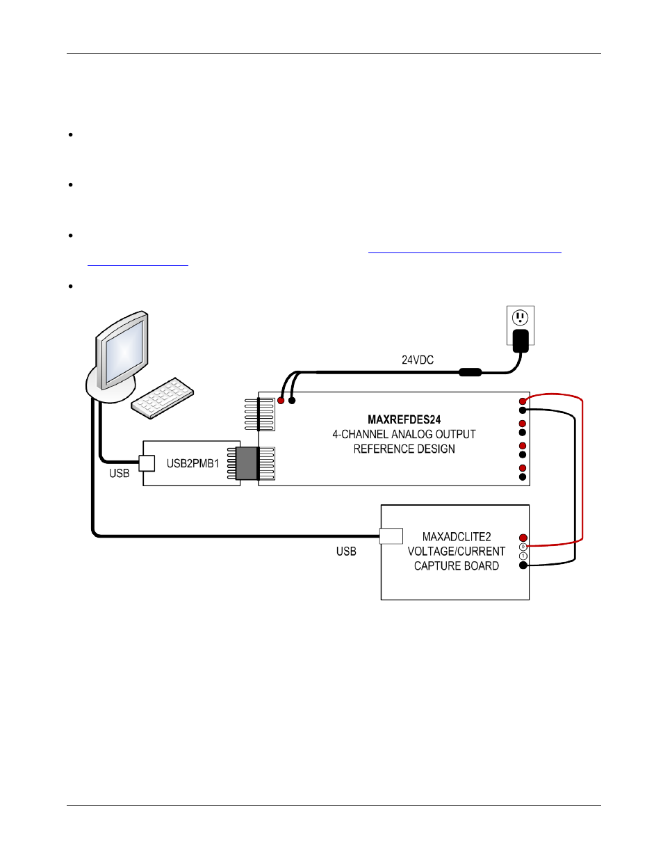 3 hardware connections, 1 usb2pmb1 to maxrefdes24, 2 24vdc to maxrefdes24 | Hardware connections, Usb2pmb1 to maxrefdes24, 24vdc to maxrefdes24 | Maxim Integrated MAXREFDES24EVSYS User Manual | Page 6 / 17