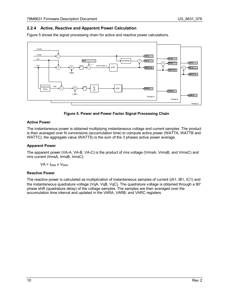 4 active, reactive and apparent power calculation, Active, reactive and apparent power calculation, Va = i | Maxim Integrated 78M6631 User Manual | Page 10 / 32