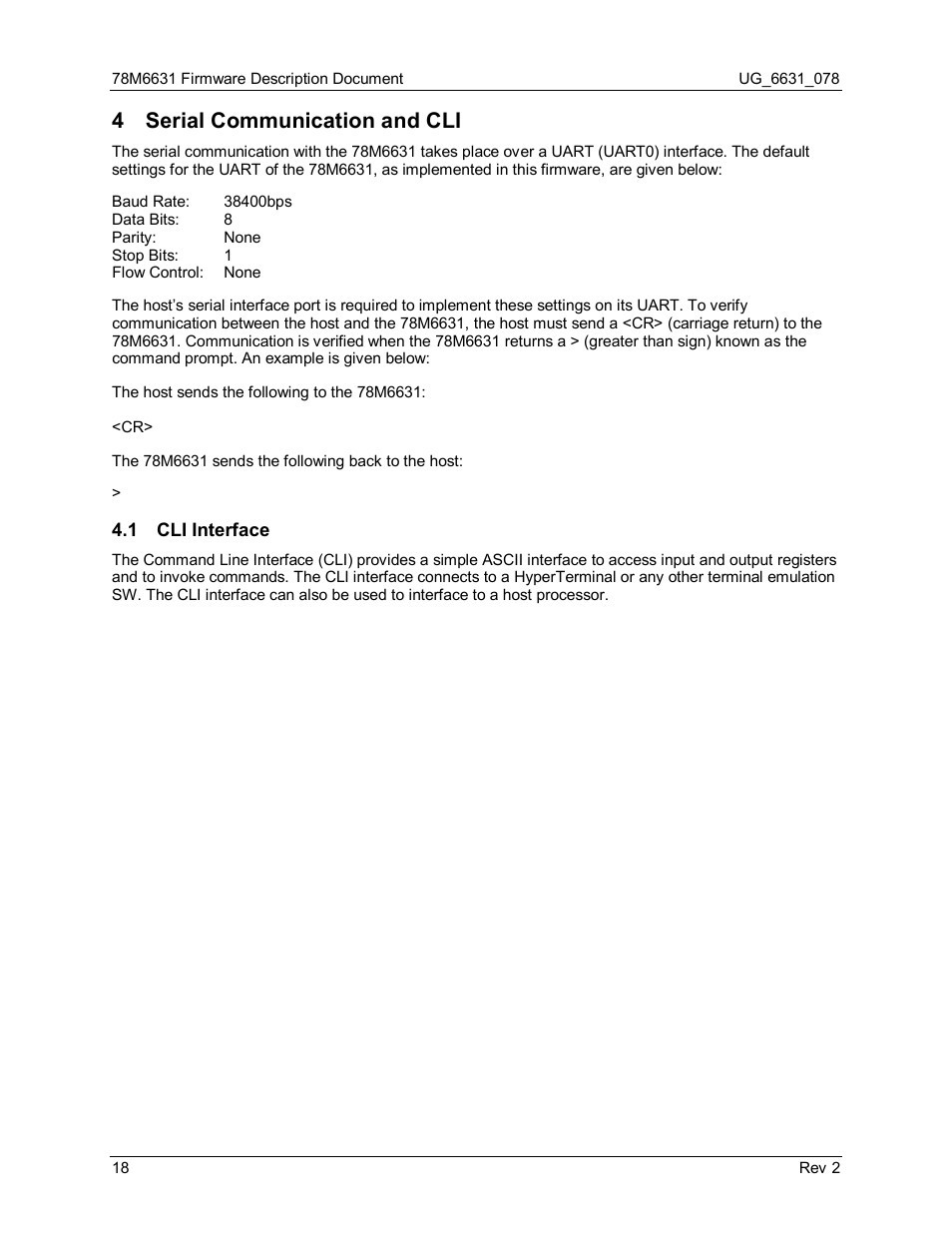 4 serial communication and cli, 1 cli interface, Serial communication and cli | Cli interface, On and, Section 4 | Maxim Integrated 78M6631 User Manual | Page 18 / 32