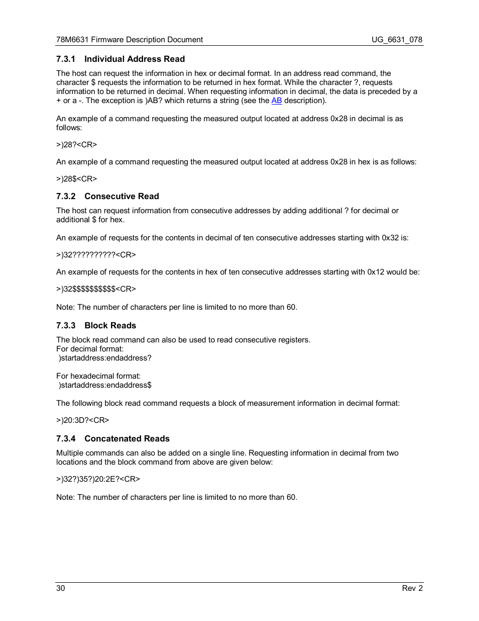 1 individual address read, 2 consecutive read, 3 block reads | 4 concatenated reads, Individual address read, Consecutive read, Block reads, Concatenated reads | Maxim Integrated 78M6631 User Manual | Page 30 / 32