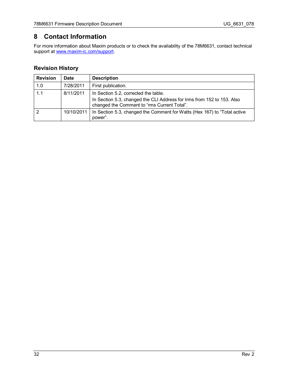 8 contact information, Revision history, Contact information | Maxim Integrated 78M6631 User Manual | Page 32 / 32