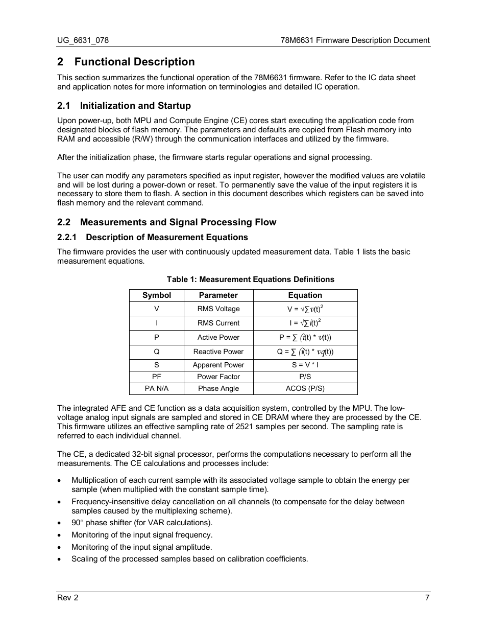 2 functional description, 1 initialization and startup, 2 measurements and signal processing flow | 1 description of measurement equations, Functional description, Initialization and startup, Measurements and signal processing flow, Description of measurement equations, Table 1: measurement equations definitions | Maxim Integrated 78M6631 User Manual | Page 7 / 32