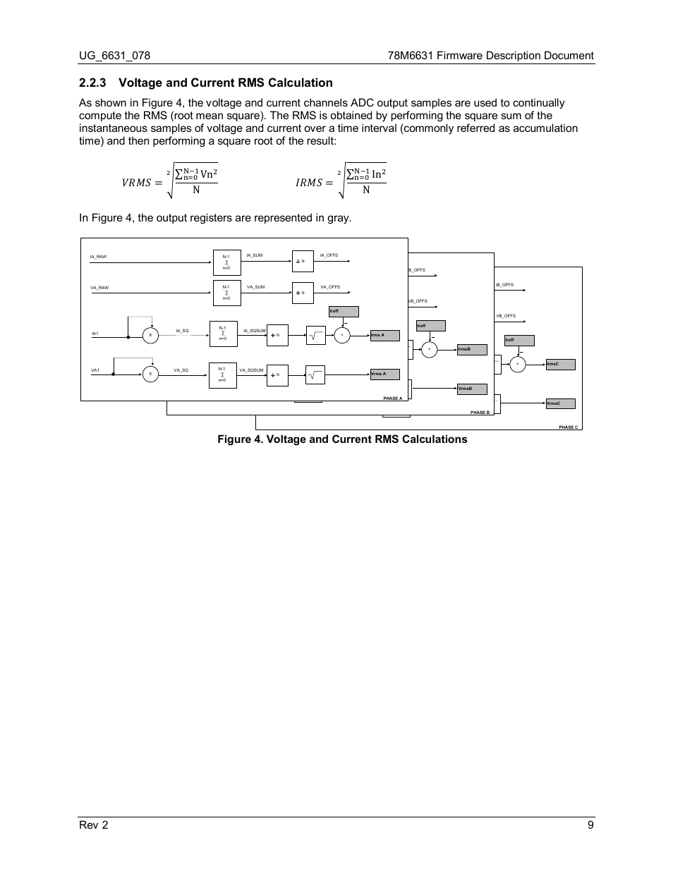 3 voltage and current rms calculation, Voltage and current rms calculation, Figure 4. voltage and current rms calculations | 𝐼𝑅𝑀𝑆 = � ∑ in | Maxim Integrated 78M6631 User Manual | Page 9 / 32