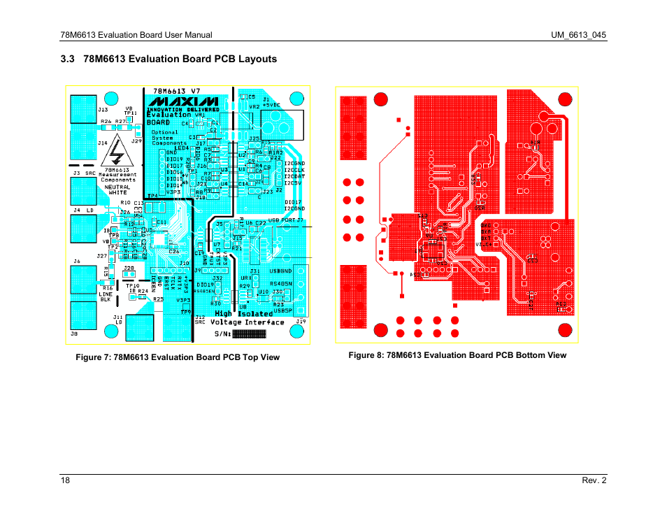 3 78m6613 evaluation board pcb layouts, 78m6613 evaluation board pcb layouts, Figure 7: 78m6613 evaluation board pcb top view | Figure 8: 78m6613 evaluation board pcb bottom view | Maxim Integrated 78M6613 Evaluation Board User Manual | Page 18 / 20