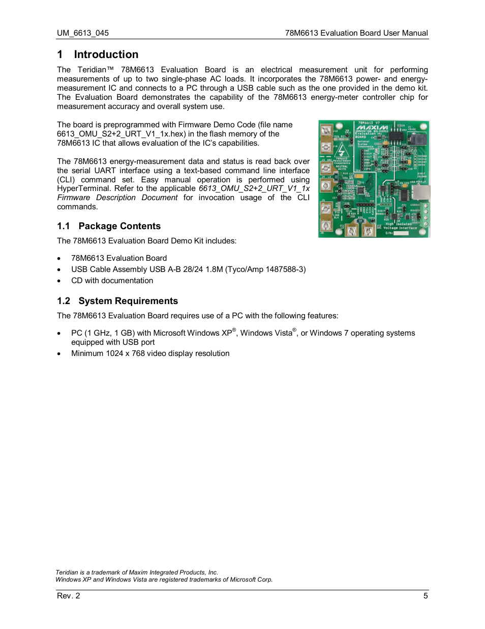 1 introduction, 1 package contents, 2 system requirements | Introduction, Package contents, System requirements | Maxim Integrated 78M6613 Evaluation Board User Manual | Page 5 / 20