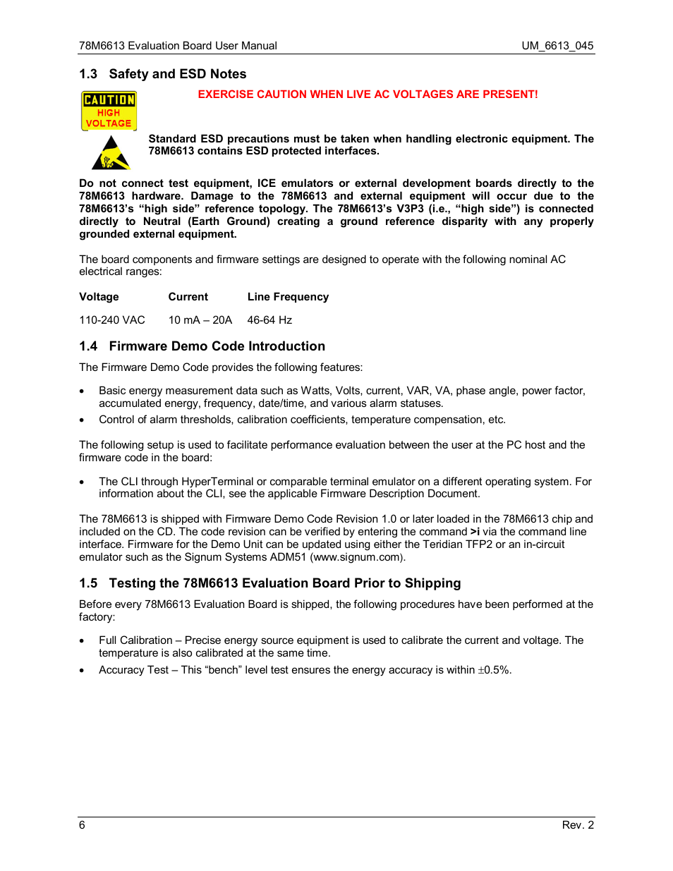 3 safety and esd notes, 4 firmware demo code introduction, Safety and esd notes | Firmware demo code introduction | Maxim Integrated 78M6613 Evaluation Board User Manual | Page 6 / 20