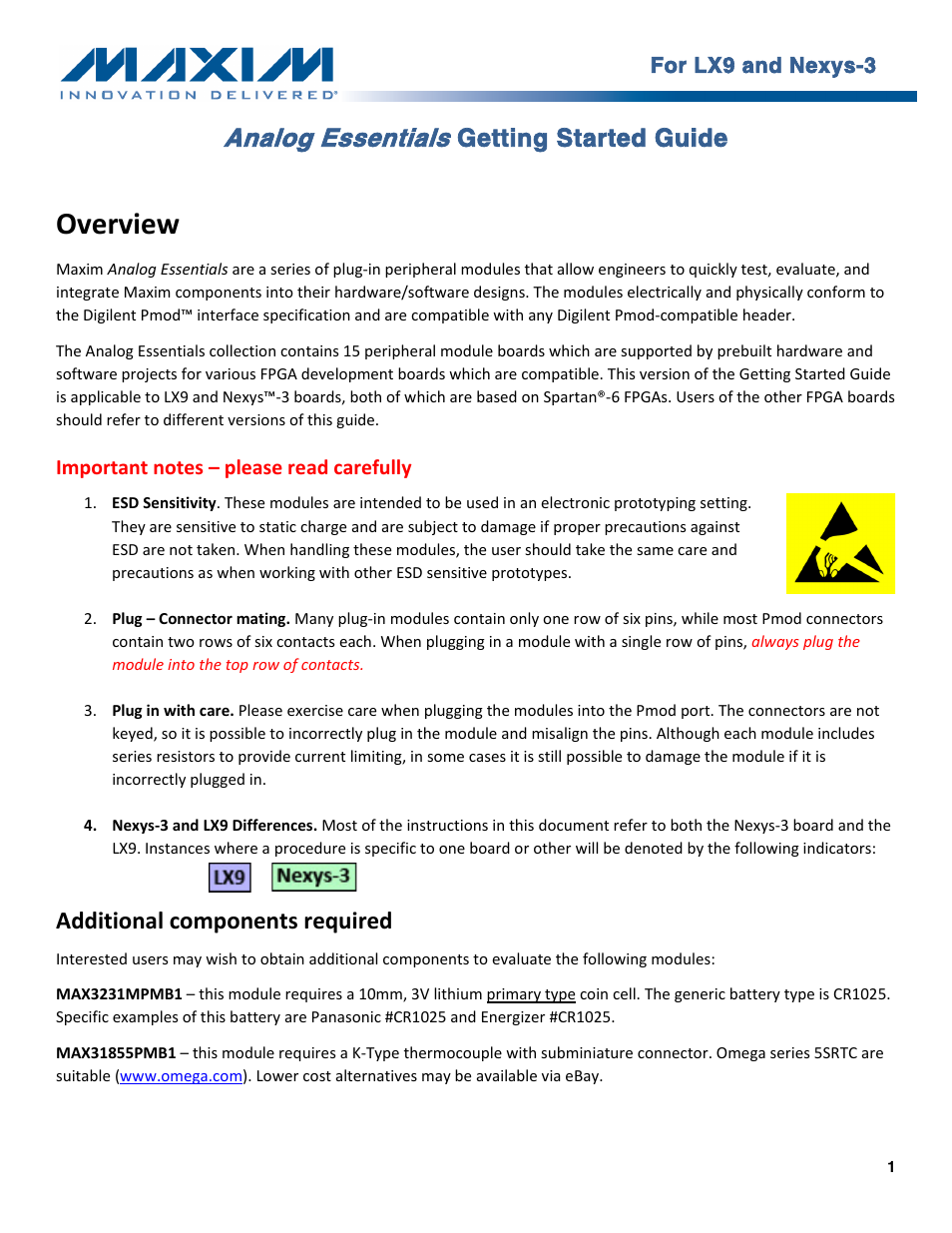 Maxim Integrated Analog Essentials Getting Started Guide for LX9 and Nexys3 User Manual | 23 pages