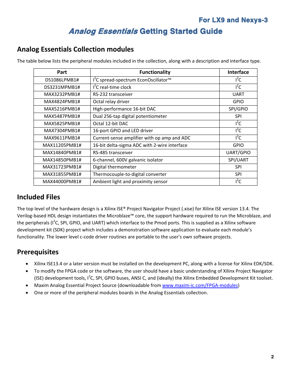 Analog essentials, Getting started guide, Analog essentials collection modules | Included files, Prerequisites, For lx9 and nexys-3 | Maxim Integrated Analog Essentials Getting Started Guide for LX9 and Nexys3 User Manual | Page 2 / 23