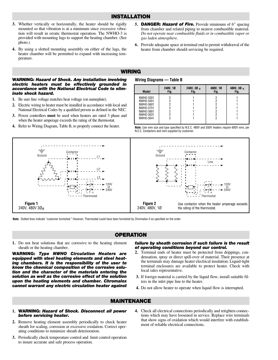 Operation, Maintenance, Installation | Wiring | Chromalox NWHO-33015 User Manual | Page 2 / 4
