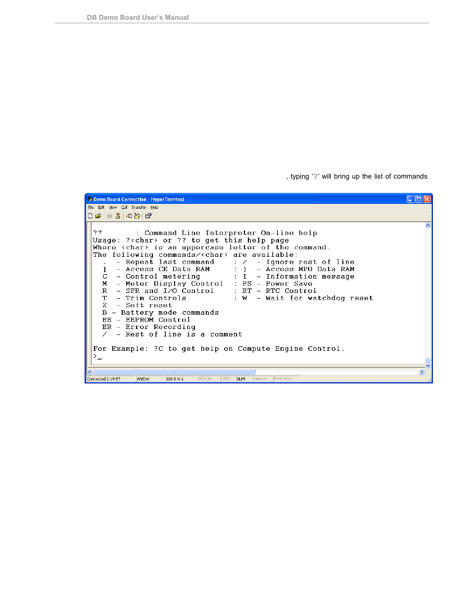 Using the demo board, Serial command language, Figure 1-5: command line help display | 8 using the demo board, 1 serial command language | Maxim Integrated 71M6533-DB User Manual | Page 13 / 75