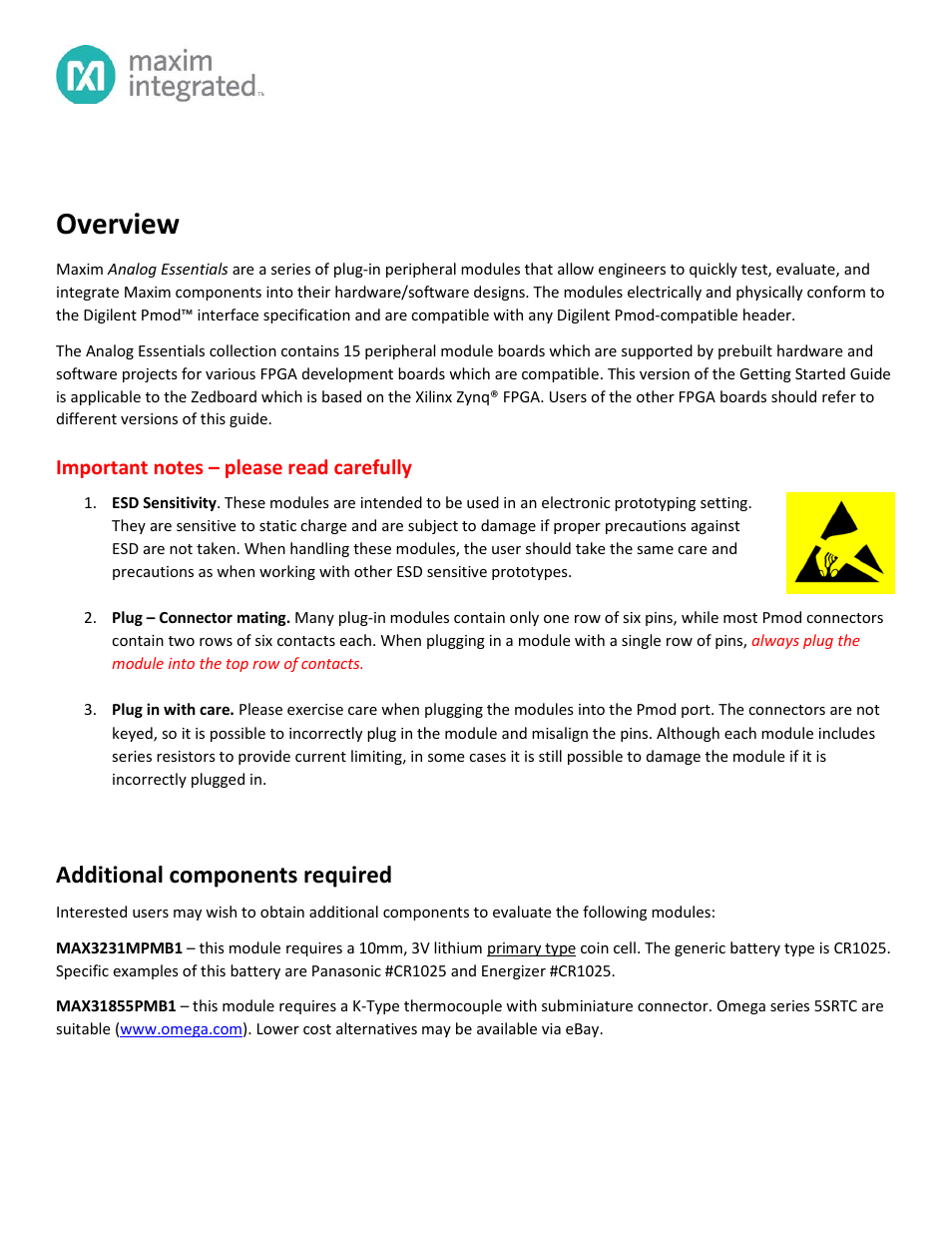 Maxim Integrated Analog Essentials Getting Started Guide for Zedboard User Manual | 22 pages