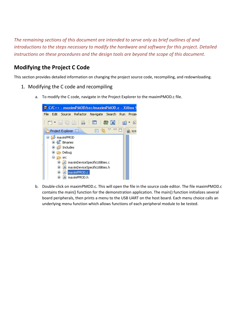 Modifying the project c code, Analog essentials getting started guide | Maxim Integrated Analog Essentials Getting Started Guide for Zedboard User Manual | Page 13 / 22