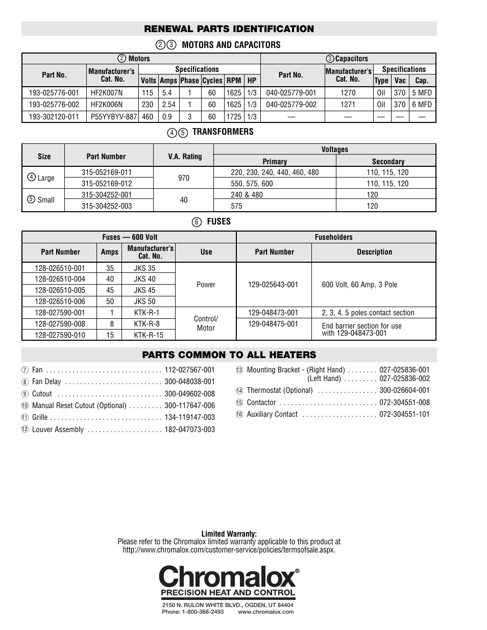 Renewal parts identification, Parts common to all heaters | Chromalox UB-2502A User Manual | Page 8 / 8