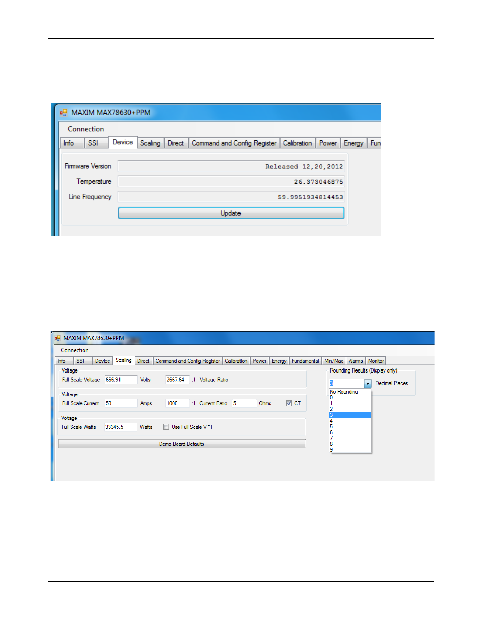 2 device tab, 3 scaling tab, Device tab | Scaling tab | Maxim Integrated MAX78630+PPM Evaluation Kit User Manual | Page 18 / 32