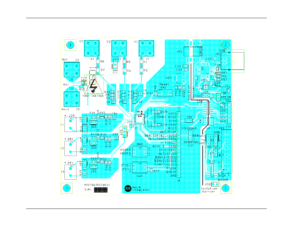3 max78630+ppm ev board pcb layouts, Max78630+ppm ev board pcb layouts, Figure 7: max78630+ppm ev board pcb top view | Maxim Integrated MAX78630+PPM Evaluation Kit User Manual | Page 30 / 32