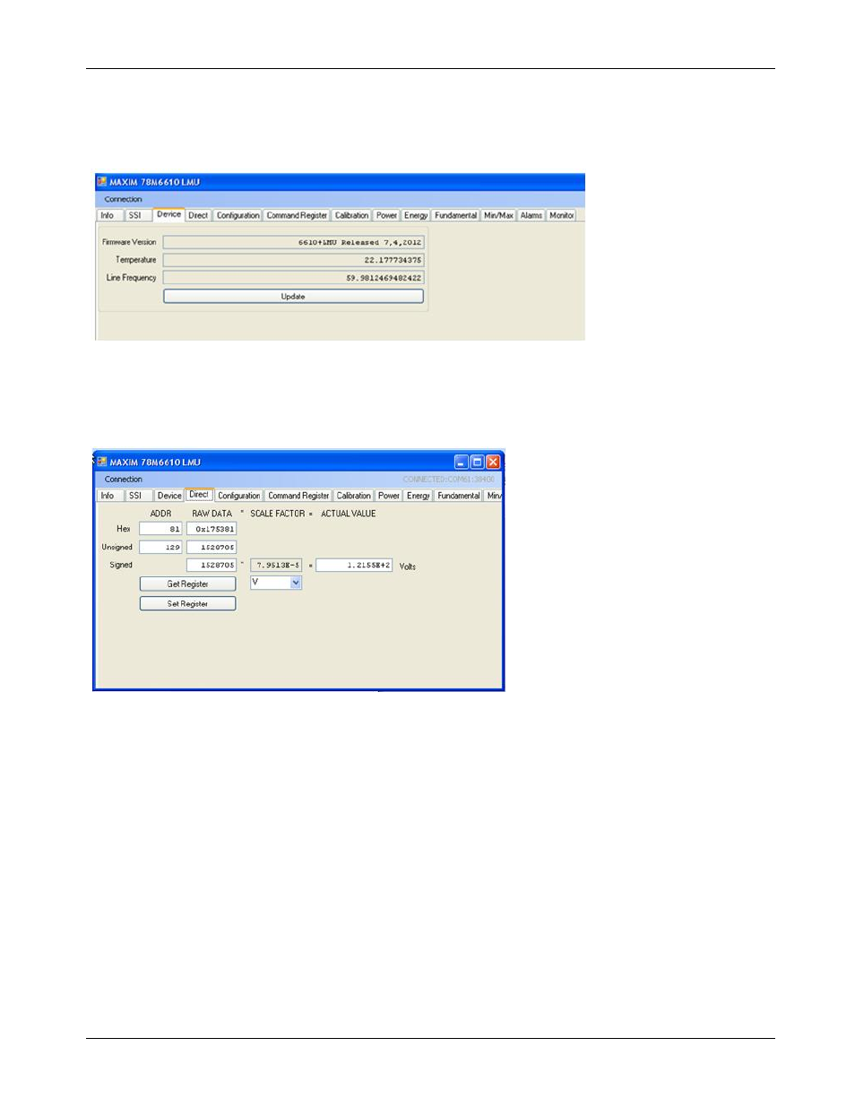 2 device tab, 3 direct tab, Device tab | Direct tab | Maxim Integrated 78M6610+LMU Evaluation Kit User Manual | Page 14 / 32