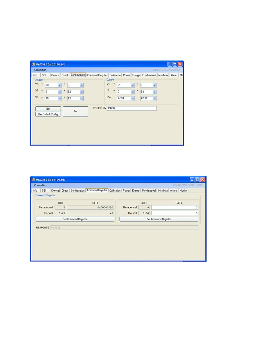 4 configuration tab, 5 command register tab, Configuration tab | Command register tab | Maxim Integrated 78M6610+LMU Evaluation Kit User Manual | Page 15 / 32