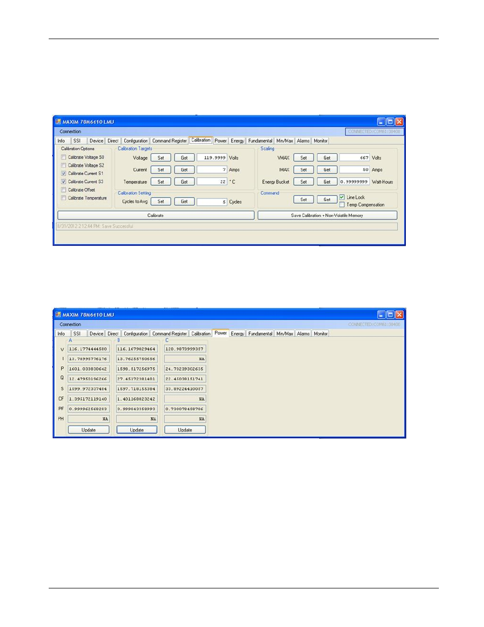 6 calibration tab, 7 power tab, Calibration tab | Power tab | Maxim Integrated 78M6610+LMU Evaluation Kit User Manual | Page 16 / 32