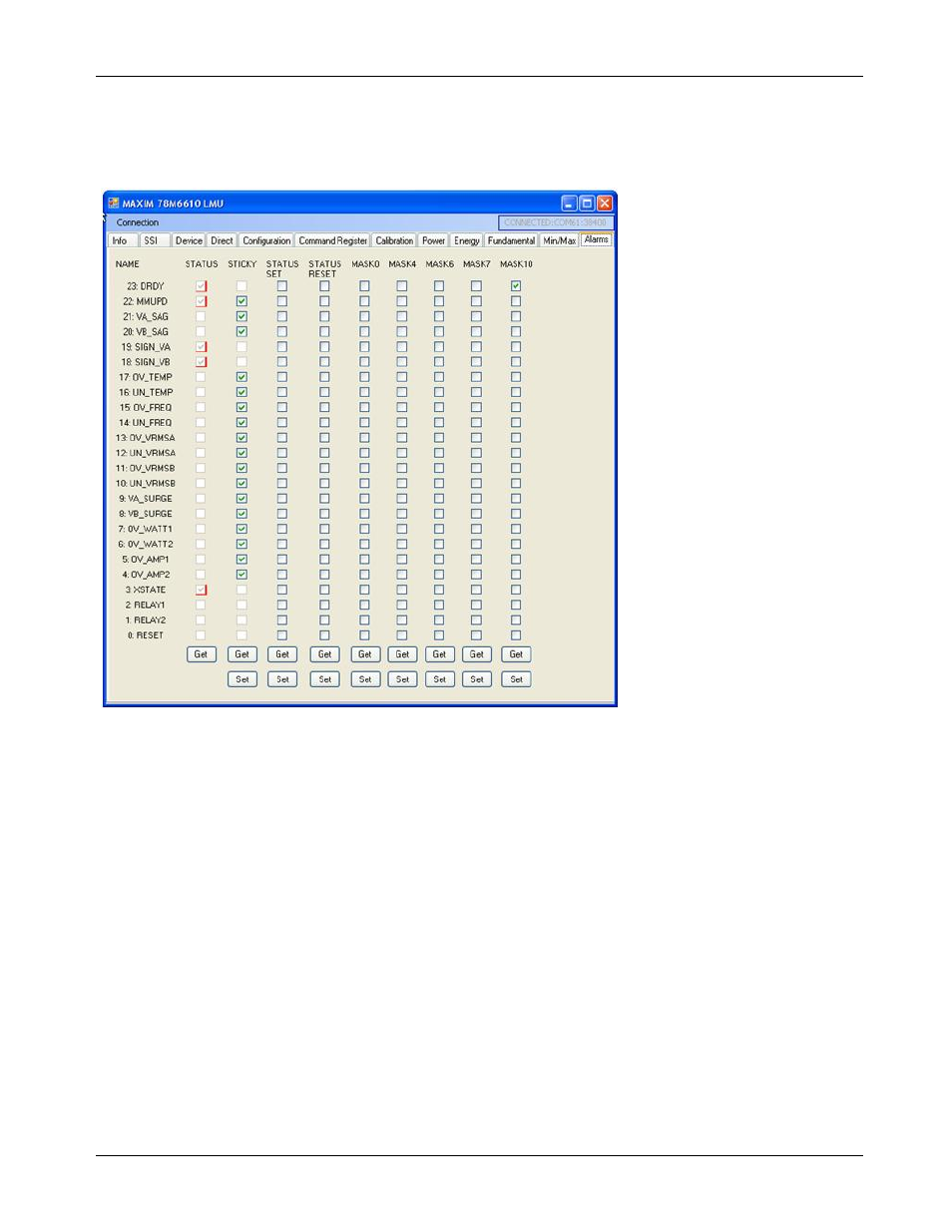 11 alarms tab, Alarms tab | Maxim Integrated 78M6610+LMU Evaluation Kit User Manual | Page 18 / 32
