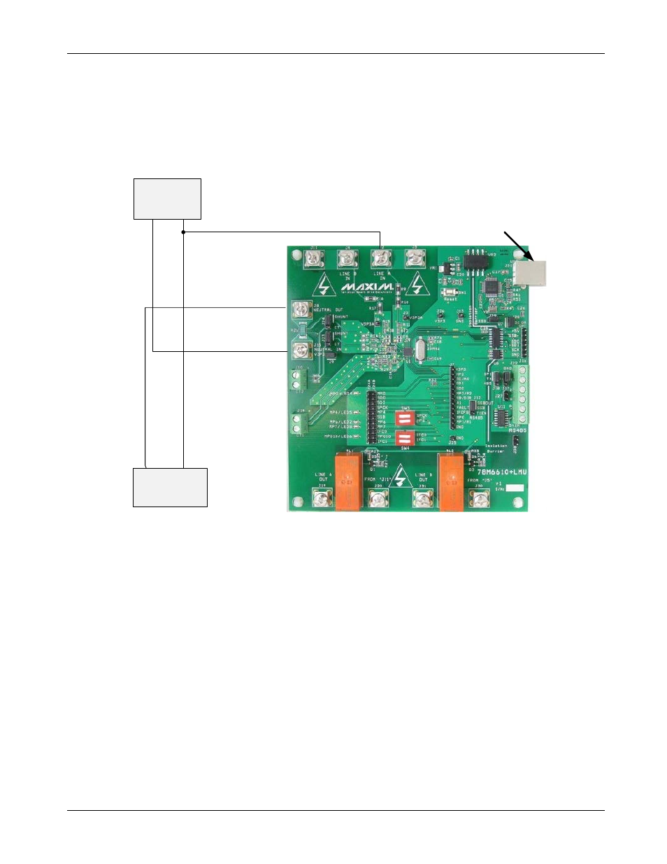 3 hardware setup: sensor interface, Hardware setup: sensor interface, Single-phase measurements using shunts | Figure 1: 78m6610+lmu evaluation board connections | Maxim Integrated 78M6610+LMU Evaluation Kit User Manual | Page 7 / 32