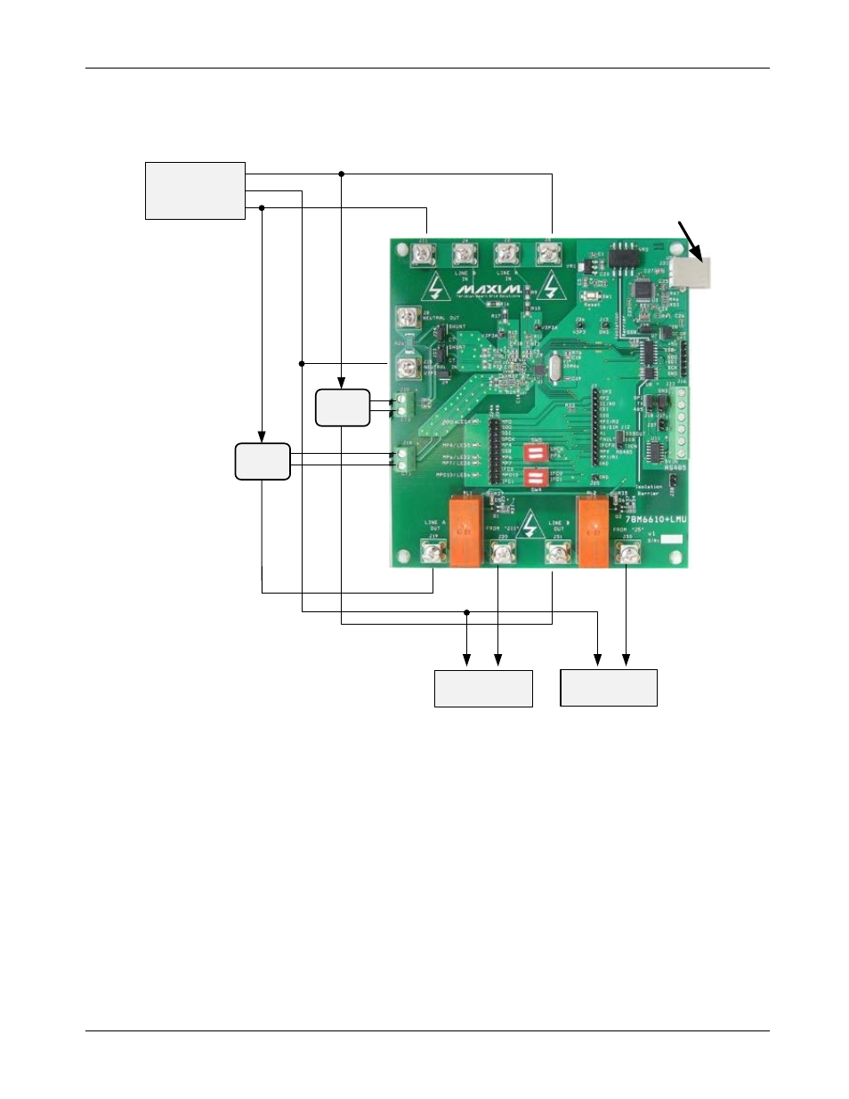 2 single/multiphase measurements using cts, Single/multiphase measurements using cts, Figure 2: 78m6610+lmu evaluation board connections | Maxim Integrated 78M6610+LMU Evaluation Kit User Manual | Page 9 / 32