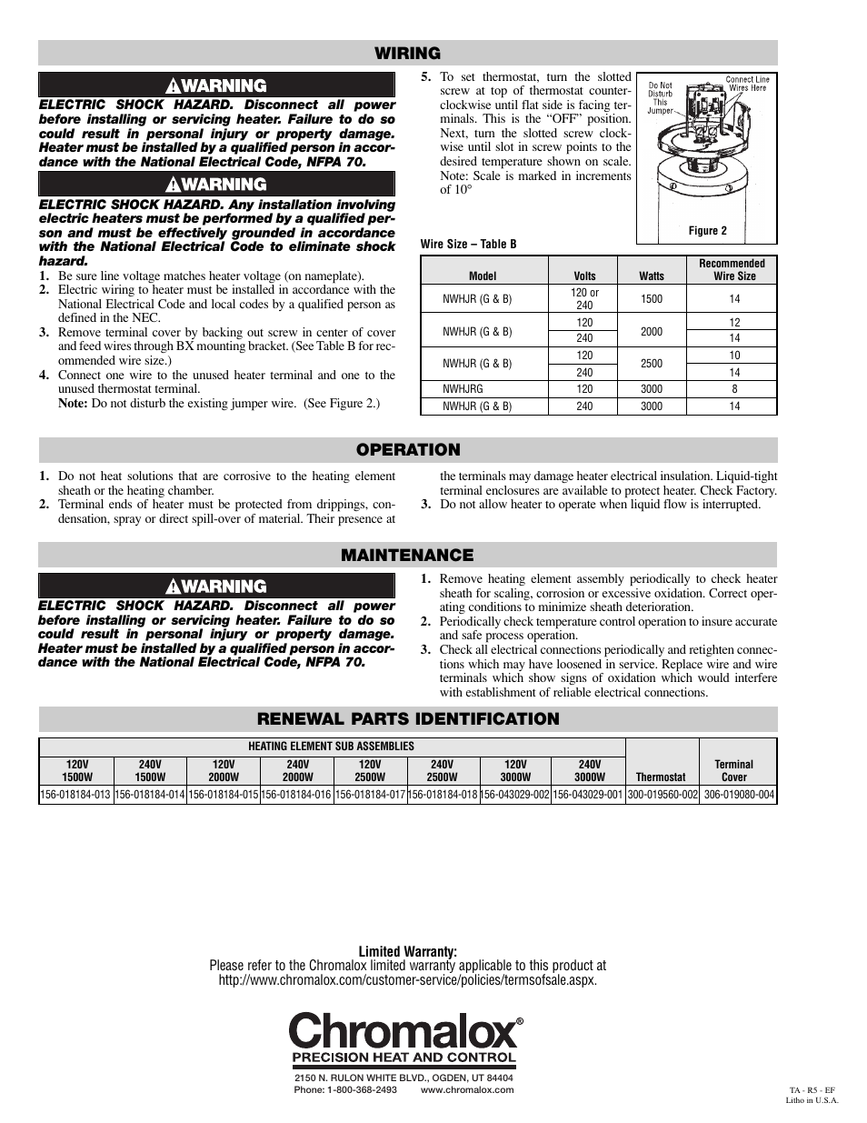 Wiring operation, Maintenance, Renewal parts identification | Chromalox PE404-8 User Manual | Page 2 / 2