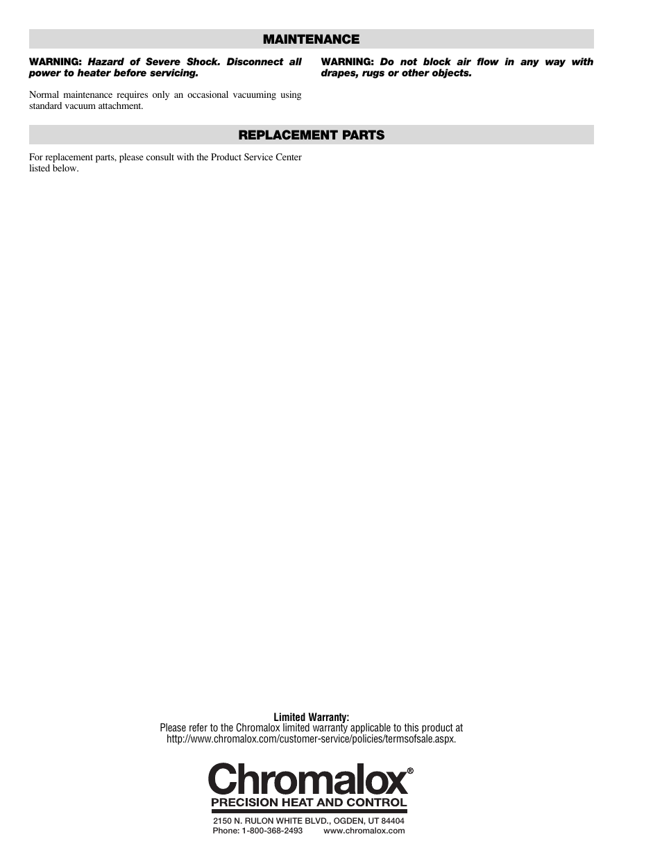 Maintenance, Replacement parts | Chromalox PF477-2 User Manual | Page 2 / 2