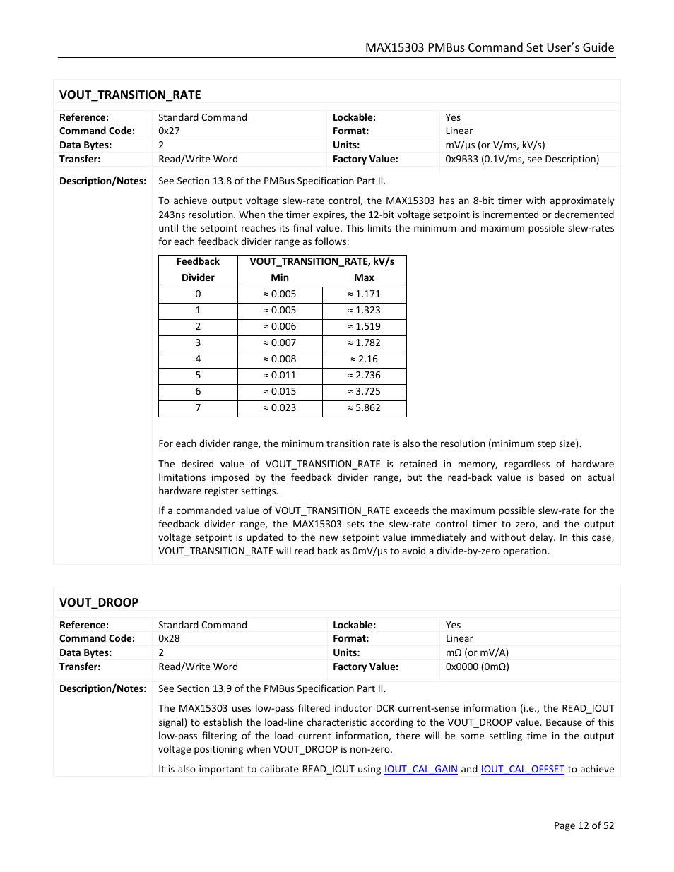 Vout_transition_rate, Vout_droop | Maxim Integrated MAX15303 PMBus Command Set User Manual | Page 12 / 52