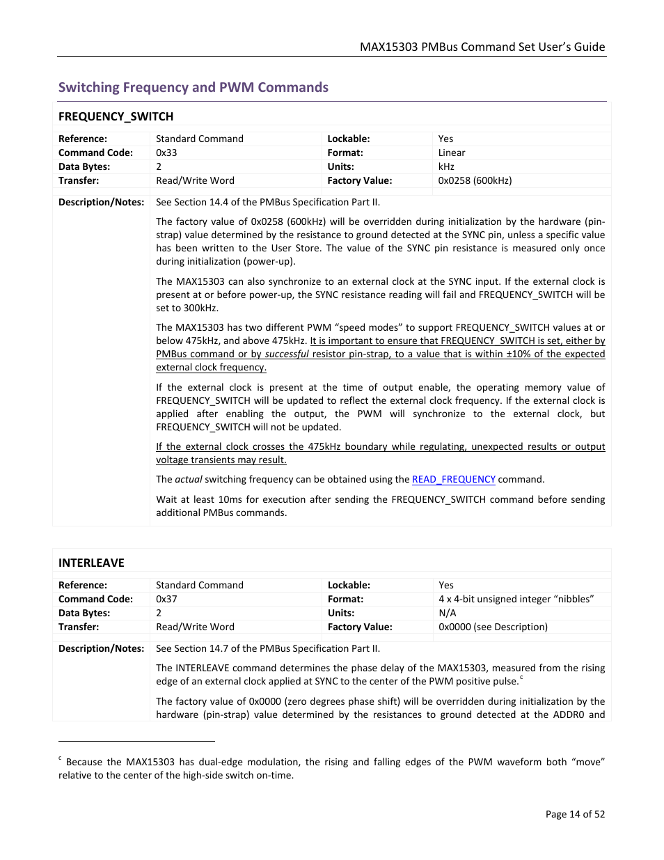 Switching frequency and pwm commands, Frequency_switch, Interleave | Maxim Integrated MAX15303 PMBus Command Set User Manual | Page 14 / 52
