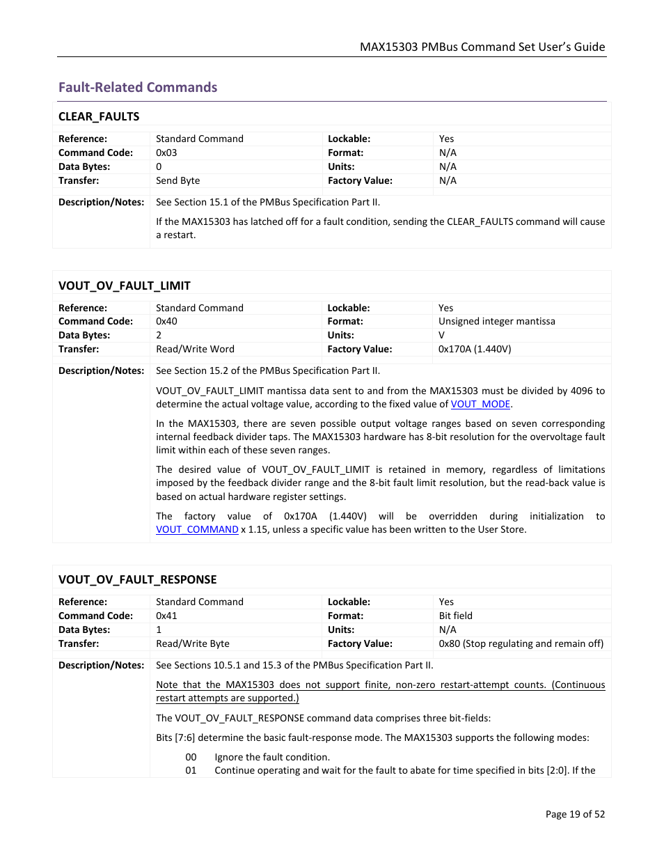 Fault-related commands, Clear_faults, Vout_ov_fault_limit | Vout_ov_fault_response | Maxim Integrated MAX15303 PMBus Command Set User Manual | Page 19 / 52