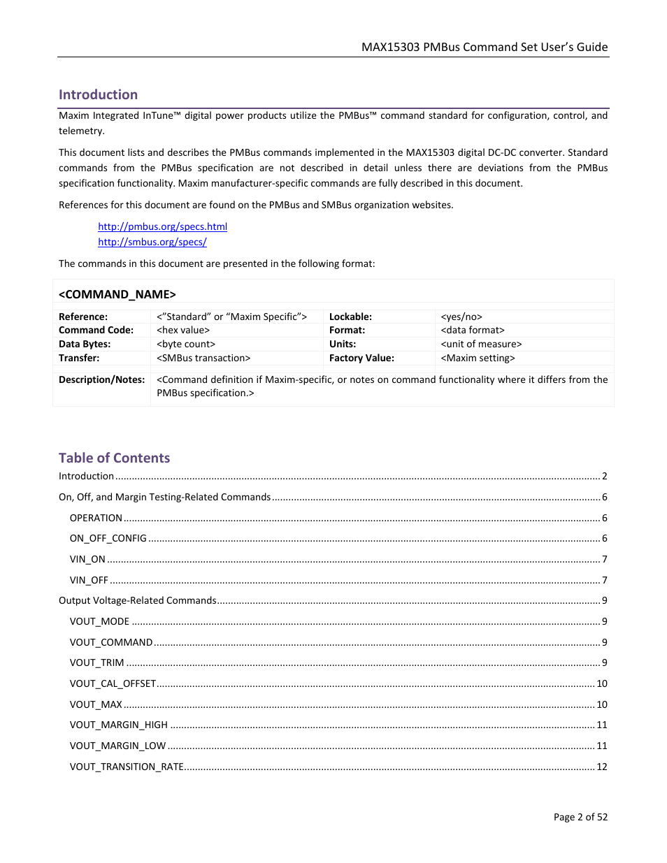 Maxim Integrated MAX15303 PMBus Command Set User Manual | Page 2 / 52