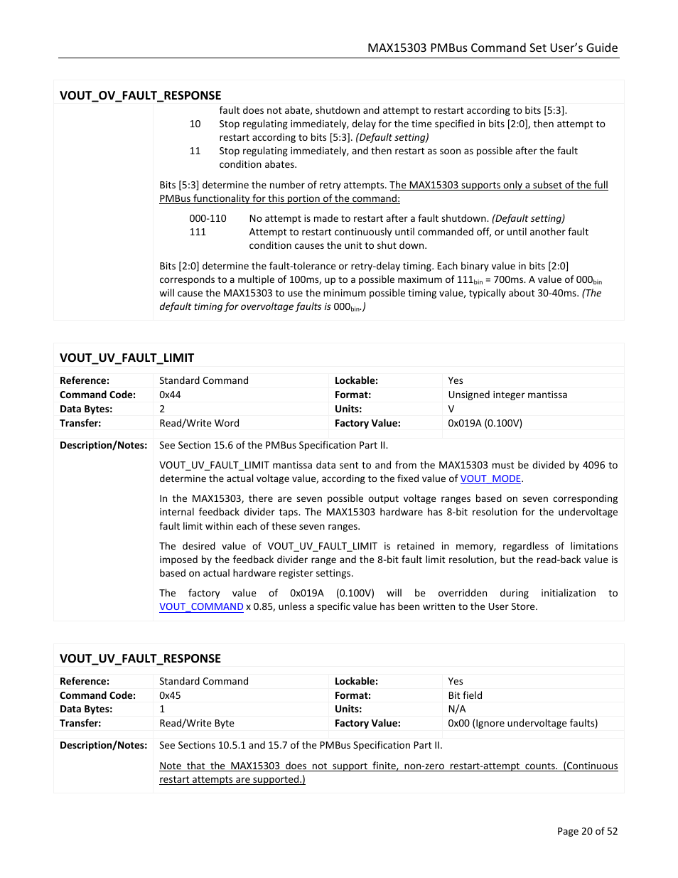 Vout_ov_fault_response, Vout_uv_fault_limit, Vout_uv_fault_response | Maxim Integrated MAX15303 PMBus Command Set User Manual | Page 20 / 52