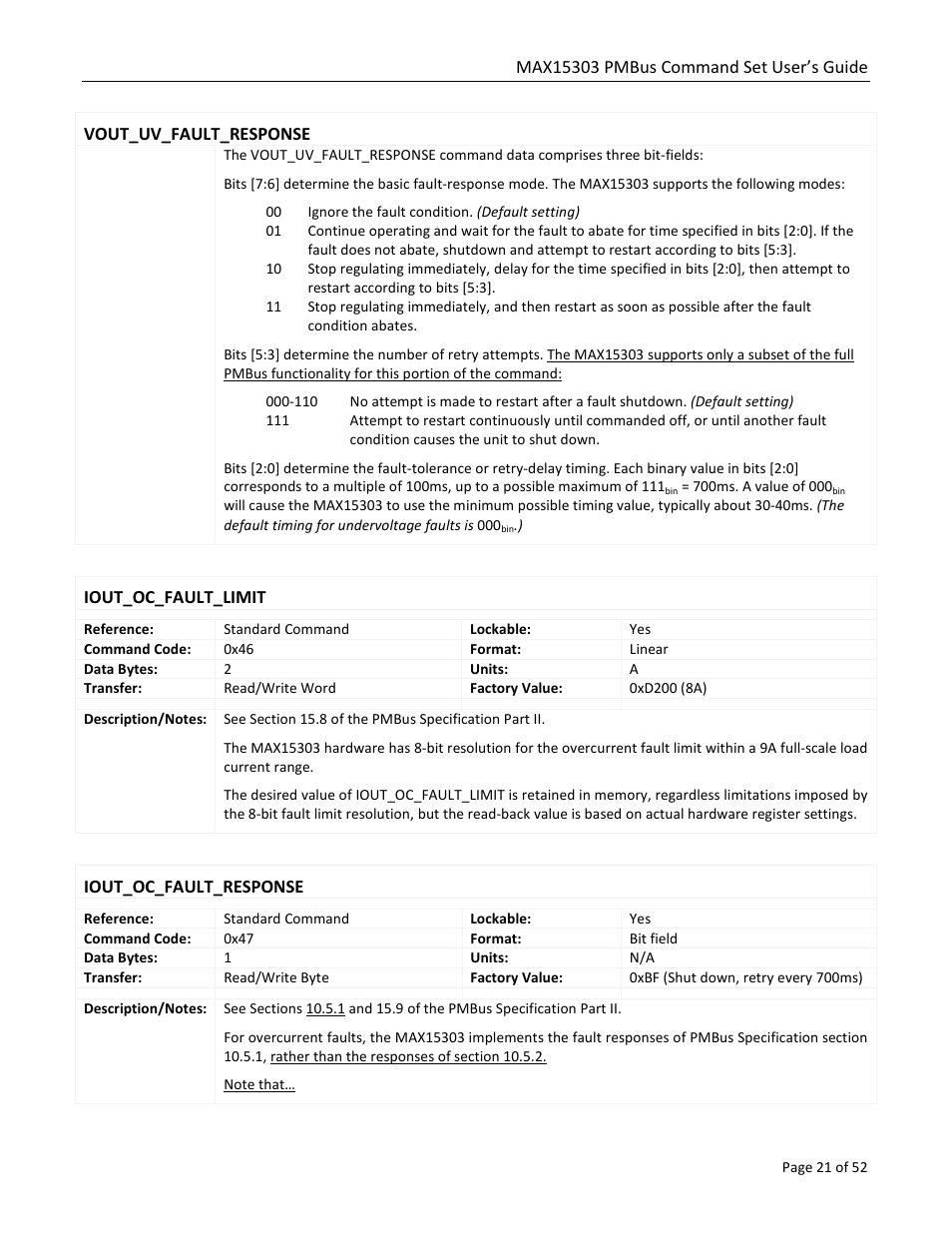 Vout_uv_fault_response, Iout_oc_fault_limit, Iout_oc_fault_response | Maxim Integrated MAX15303 PMBus Command Set User Manual | Page 21 / 52