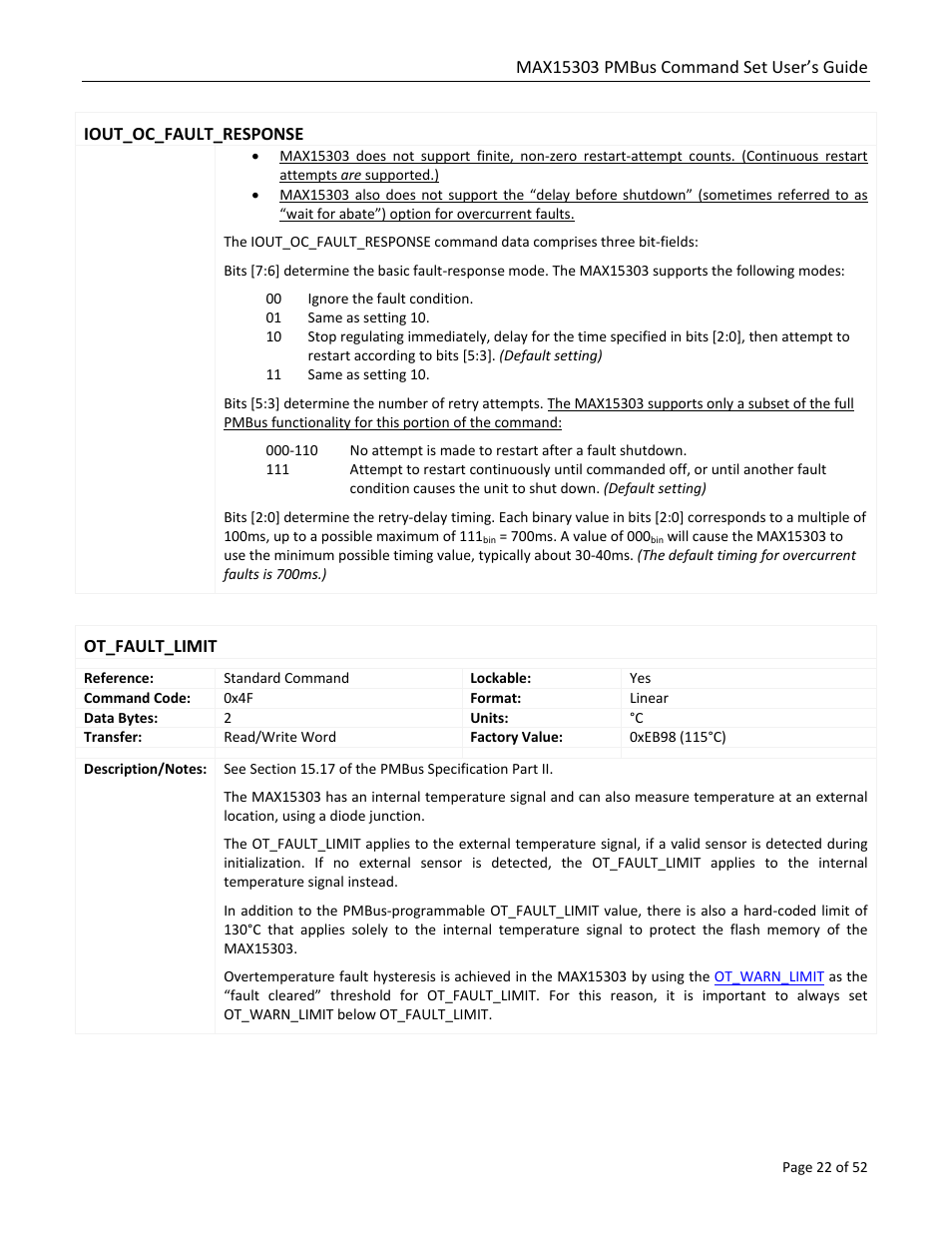 Iout_oc_fault_response, Ot_fault_limit | Maxim Integrated MAX15303 PMBus Command Set User Manual | Page 22 / 52