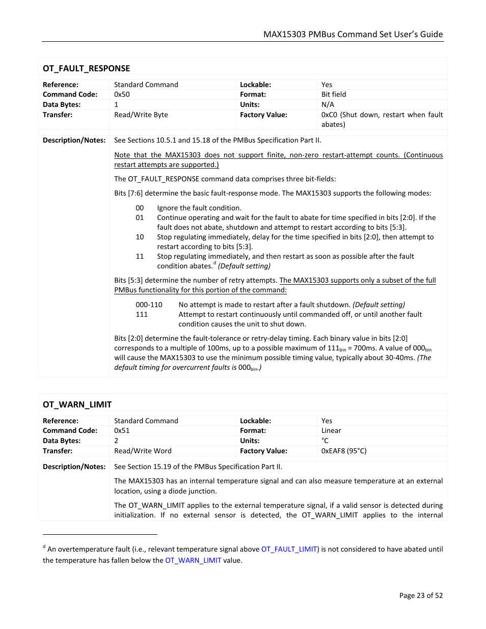Ot_fault_response, Ot_warn_limit | Maxim Integrated MAX15303 PMBus Command Set User Manual | Page 23 / 52