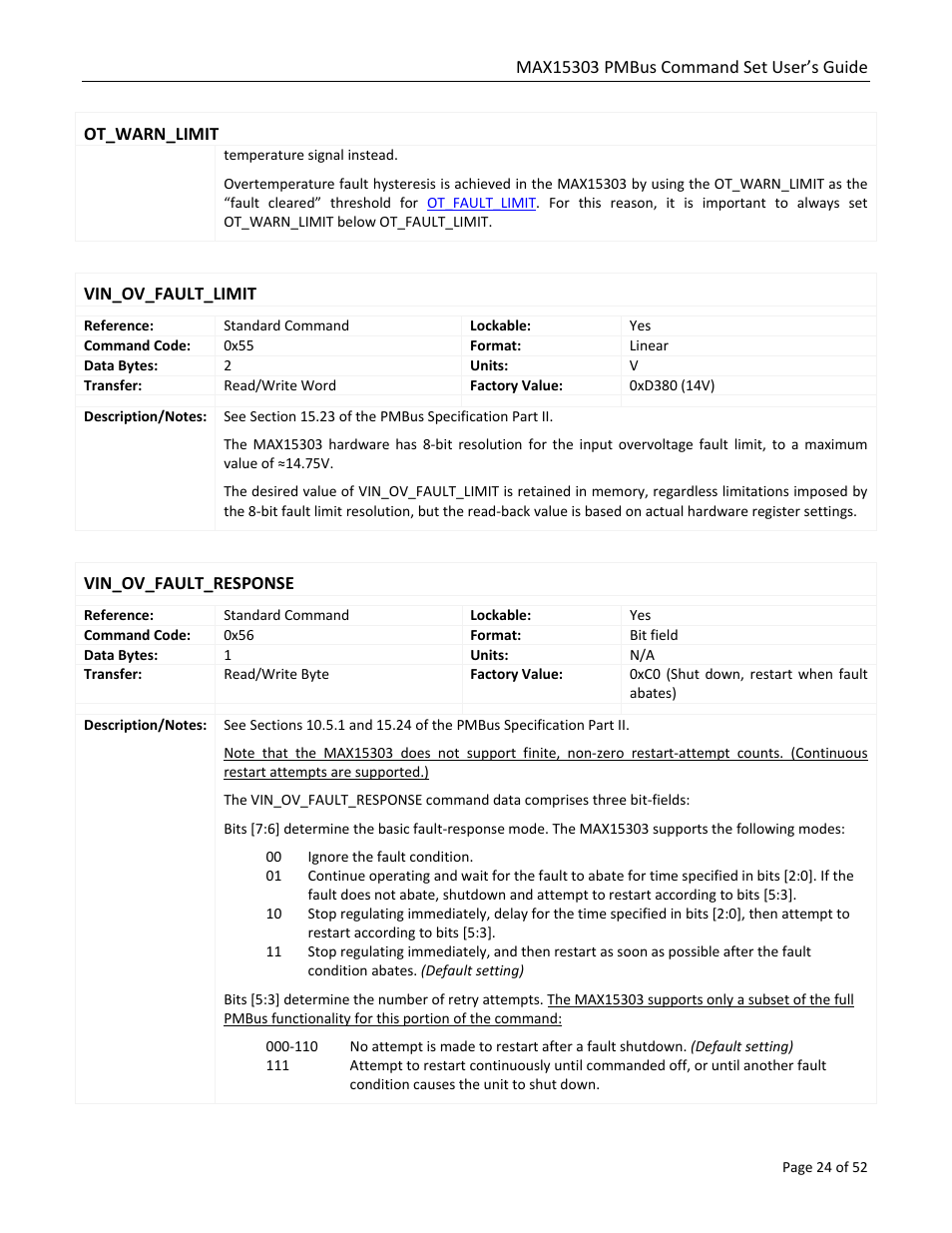 Ot_warn_limit, Vin_ov_fault_limit, Vin_ov_fault_response | Maxim Integrated MAX15303 PMBus Command Set User Manual | Page 24 / 52