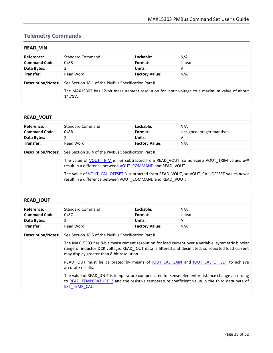 Telemetry commands, Read_vin, Read_vout | Read_iout | Maxim Integrated MAX15303 PMBus Command Set User Manual | Page 29 / 52