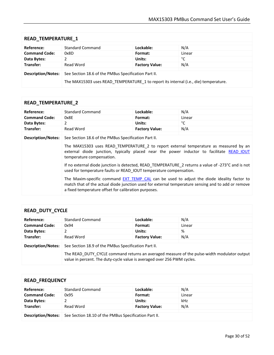 Read_temperature_1, Read_temperature_2, Read_duty_cycle | Read_frequency | Maxim Integrated MAX15303 PMBus Command Set User Manual | Page 30 / 52