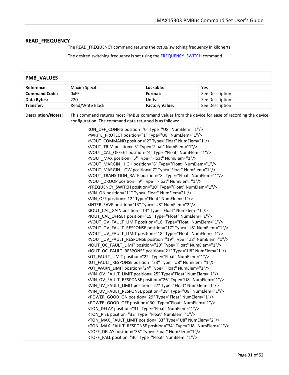Read_frequency, Pmb_values | Maxim Integrated MAX15303 PMBus Command Set User Manual | Page 31 / 52