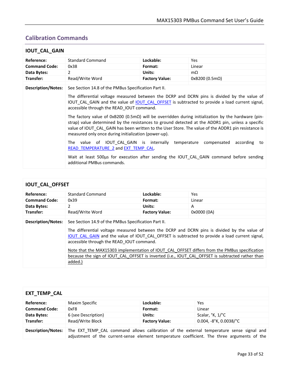 Calibration commands, Iout_cal_gain, Iout_cal_offset | Ext_temp_cal | Maxim Integrated MAX15303 PMBus Command Set User Manual | Page 33 / 52
