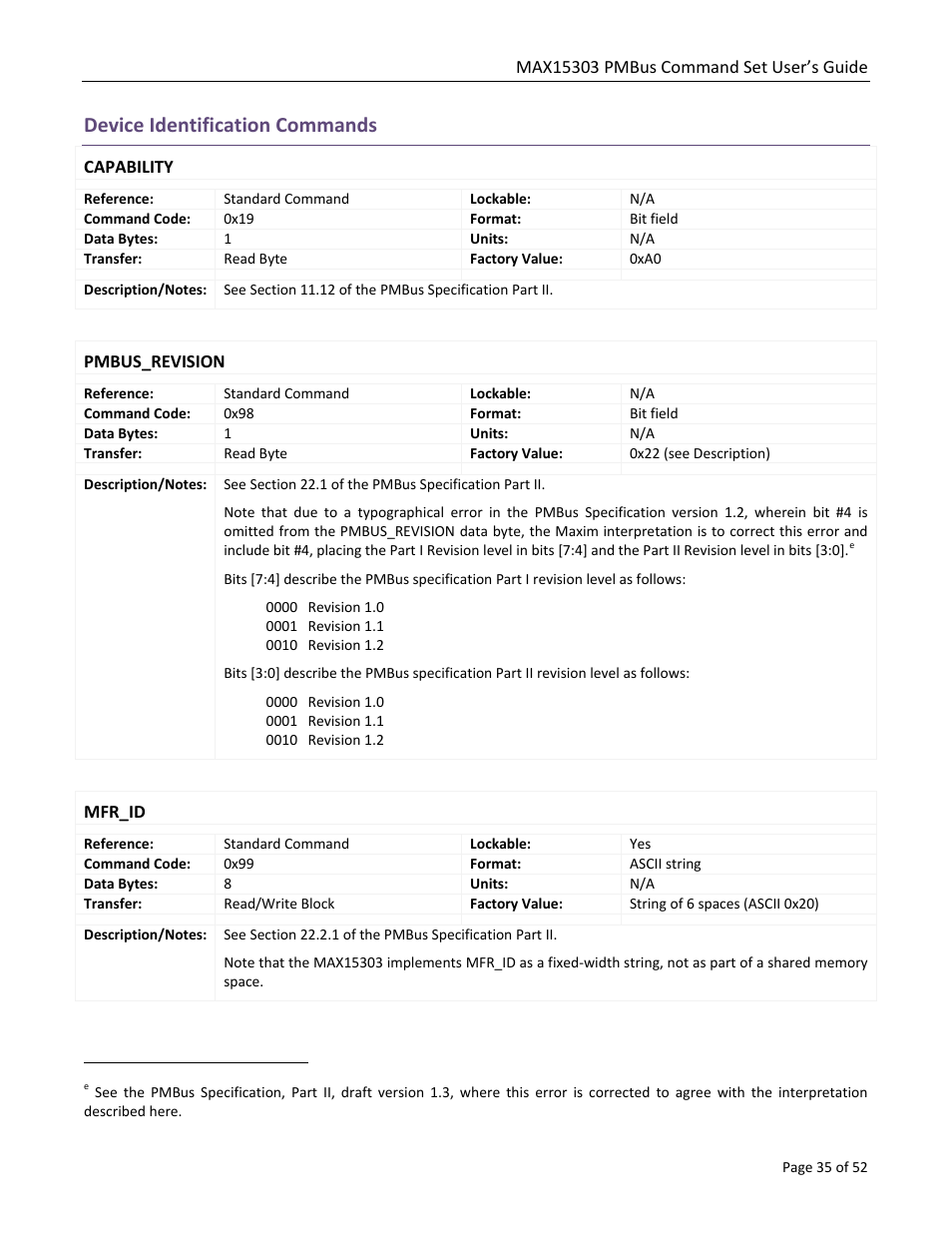 Device identification commands, Capability, Pmbus_revision | Mfr_id | Maxim Integrated MAX15303 PMBus Command Set User Manual | Page 35 / 52