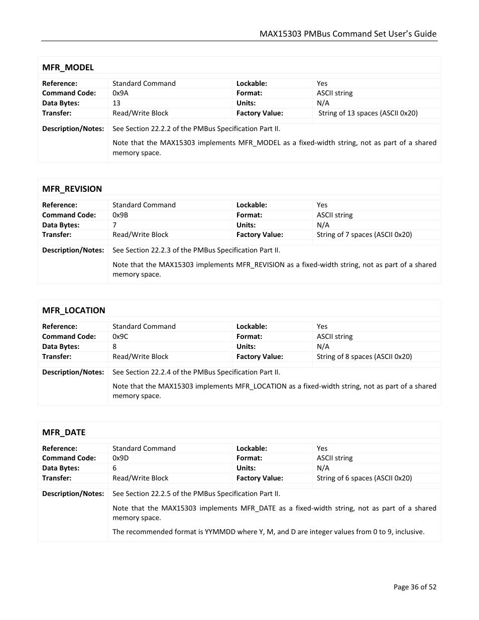 Mfr_model, Mfr_revision, Mfr_location | Mfr_date | Maxim Integrated MAX15303 PMBus Command Set User Manual | Page 36 / 52