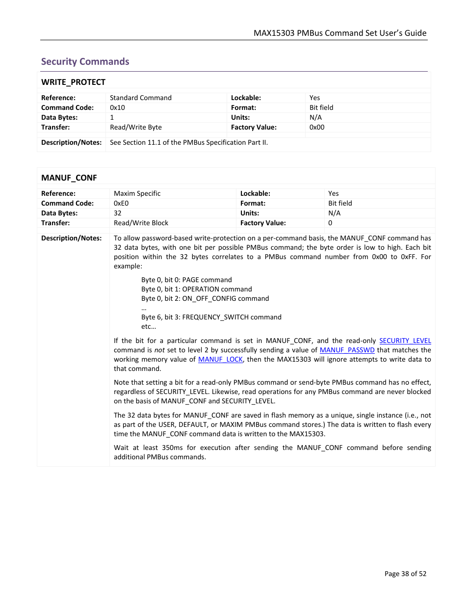 Security commands, Write_protect, Manuf_conf | Maxim Integrated MAX15303 PMBus Command Set User Manual | Page 38 / 52