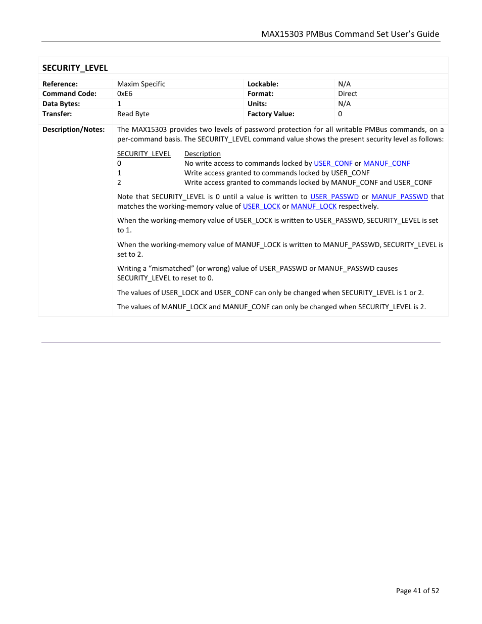 Security_level | Maxim Integrated MAX15303 PMBus Command Set User Manual | Page 41 / 52