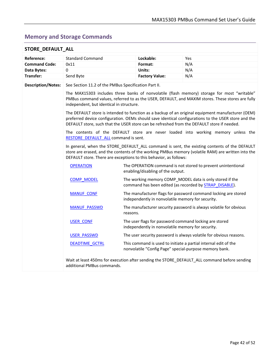 Memory and storage commands, Store_default_all | Maxim Integrated MAX15303 PMBus Command Set User Manual | Page 42 / 52