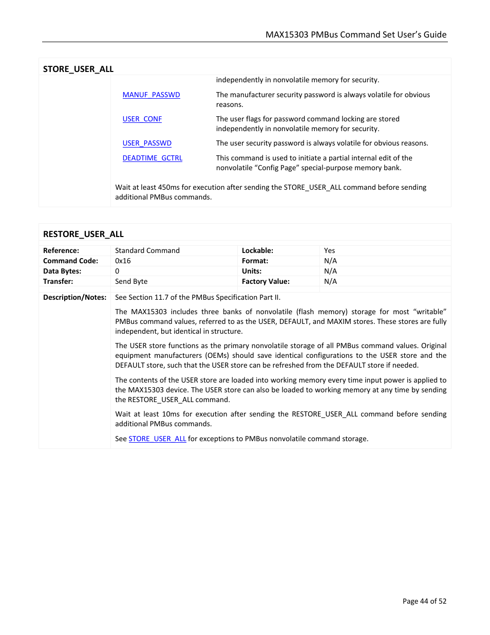 Store_user_all, Restore_user_all | Maxim Integrated MAX15303 PMBus Command Set User Manual | Page 44 / 52