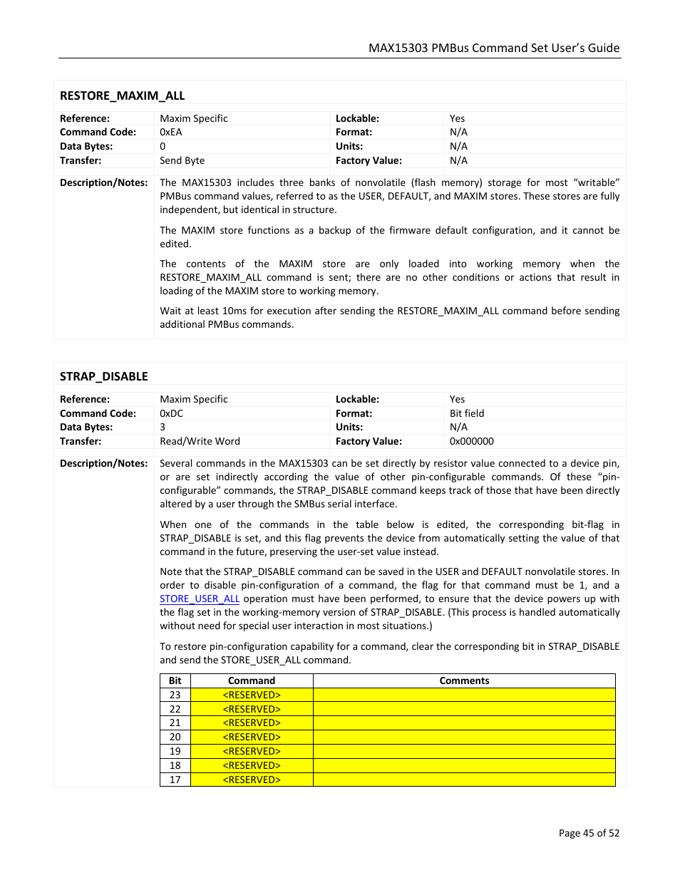 Restore_maxim_all, Strap_disable | Maxim Integrated MAX15303 PMBus Command Set User Manual | Page 45 / 52