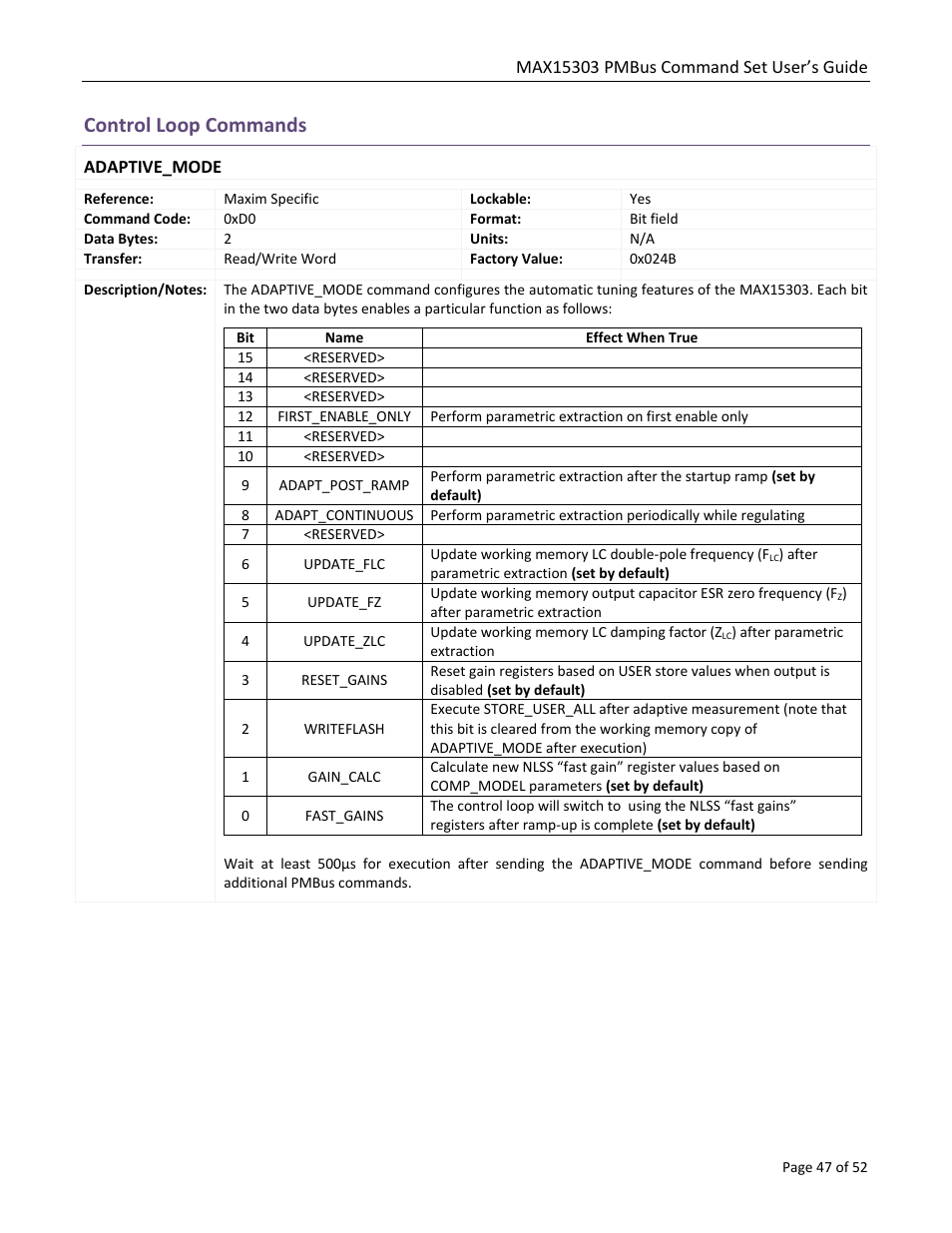 Control loop commands, Adaptive_mode | Maxim Integrated MAX15303 PMBus Command Set User Manual | Page 47 / 52